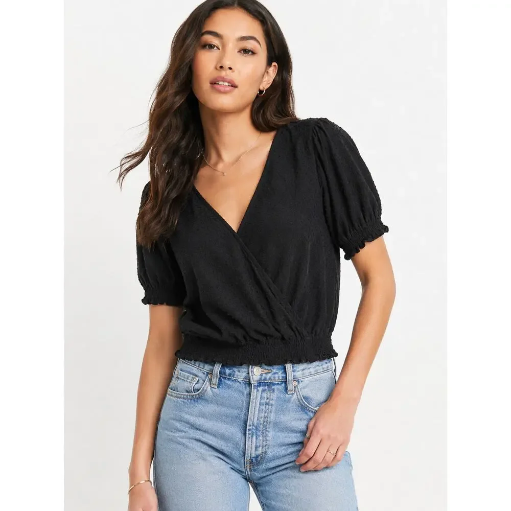 Madewell Texture & Thread Clipdot Smocked Crossover Top – Black – Size S